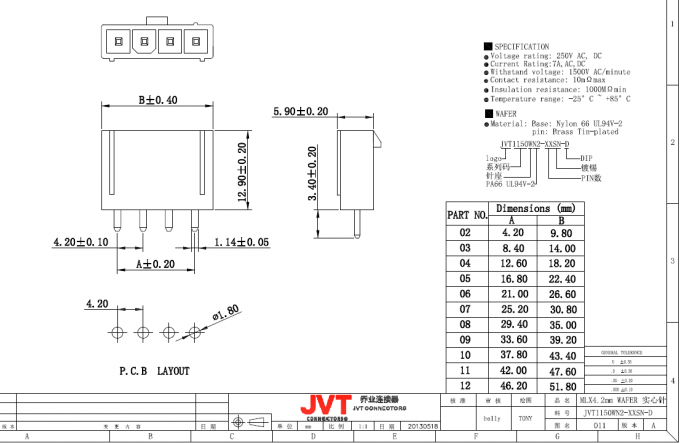 Tin plated Right Angle Wire to Board PCB Connector JVT Equivalent of Molex 4.2mm